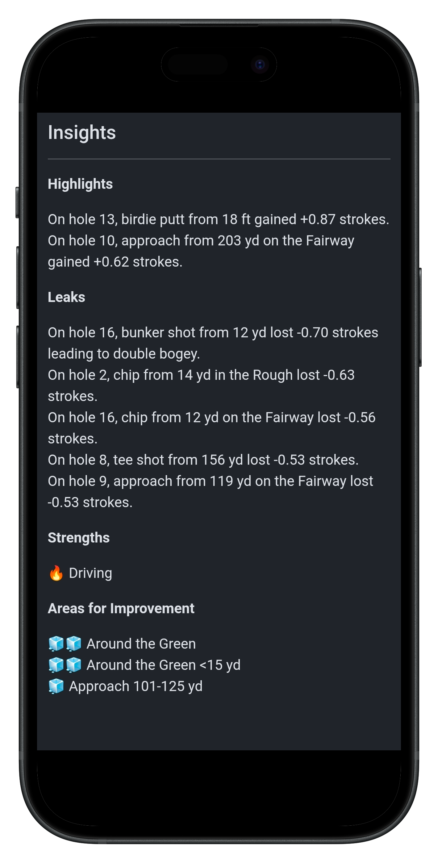 Golf SGT Insights screen